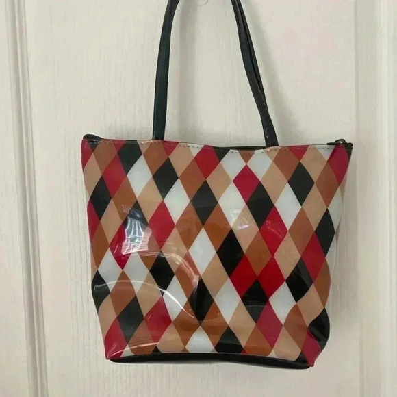 Macys NYC Vintage Small Shopper Tote Argyle Pattern Plastic Tote Bag - Picture 4 of 11